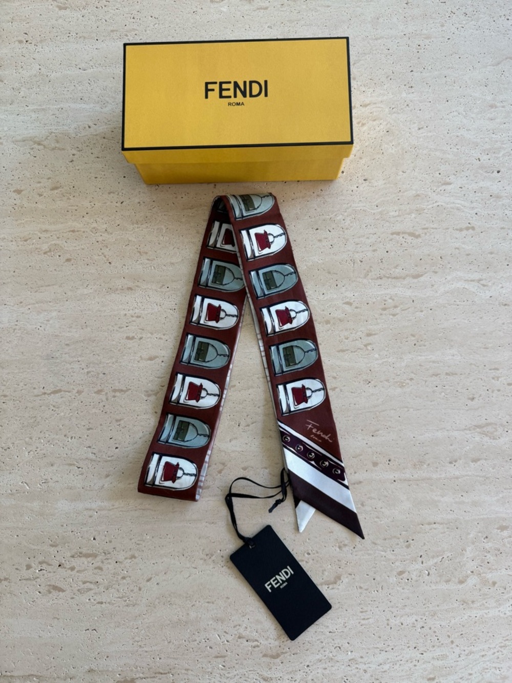 NWT FENDI Silk Scarf Reversible Foulard Bag Print & Logo - Picture 7 of 8